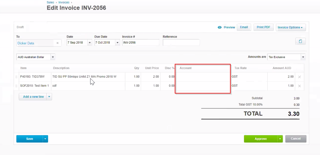 The account code is missing in the Xero invoice